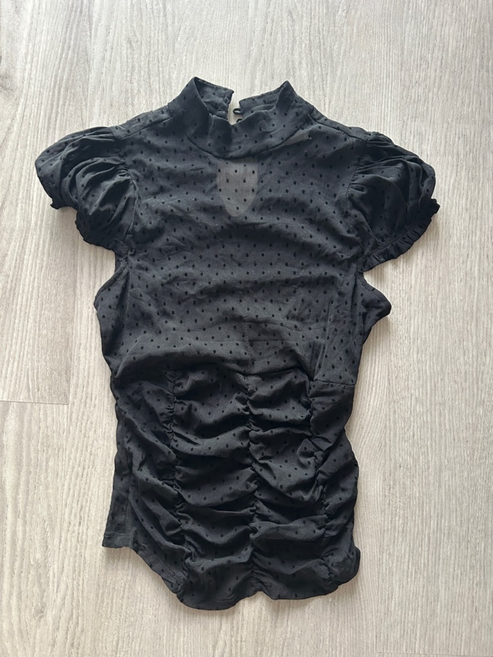 Kimchi Blue Black Ruched Dot Mesh Mock Neck Top